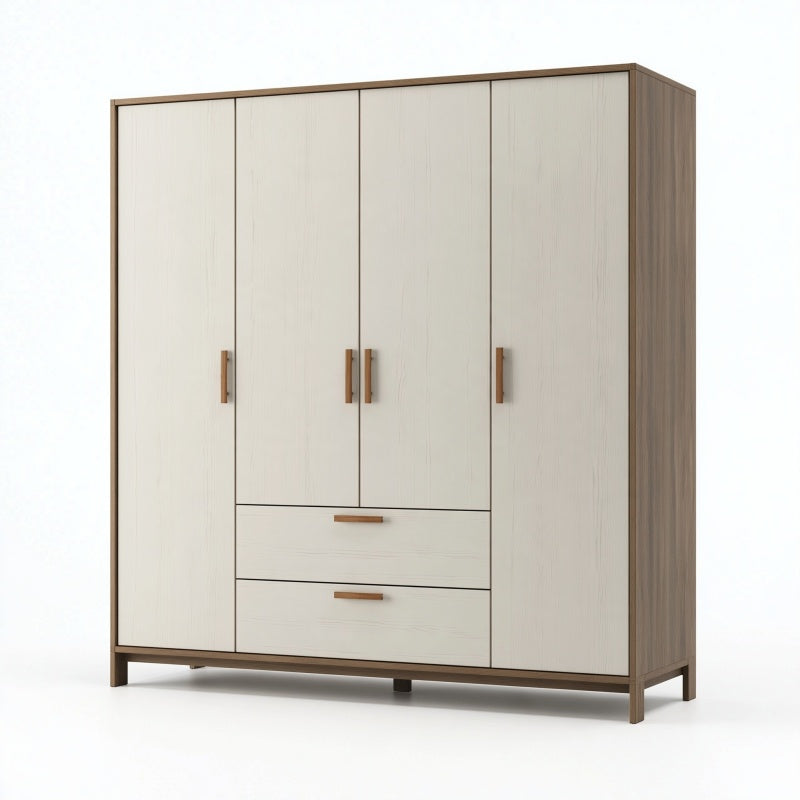 Armadio guardaroba 180 x 55 x 200 cm in legno ingegnerizzato bianco e rovere con 4 ante e 2 cassetti
