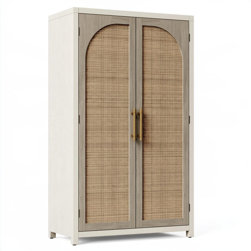 Armadio 90 x 50 x 180 cm in legno color avorio e grigio tortora con ante effetto rattan stile naturale