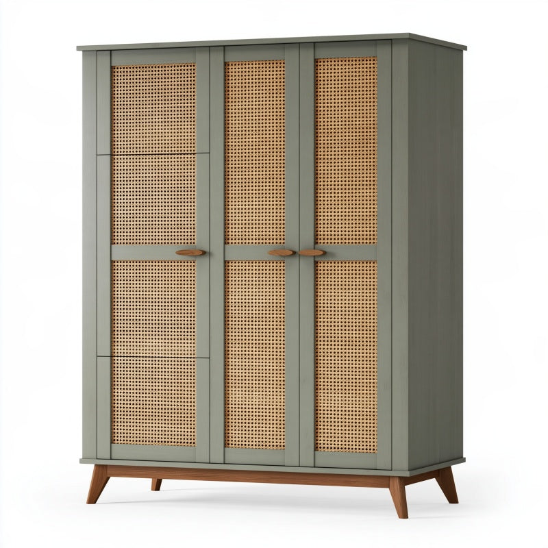 Armadio guardaroba 120 x 50 x 190 cm in legno verde salvia con rattan - tre ante stile nordico