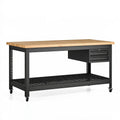 Banco da lavoro 152 x 61 x 95 cm in acciaio nero e bambù con cassetti ruote e ripiano