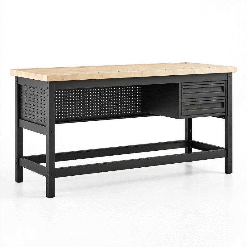 Banco da lavoro 152 x 61 x 91 cm in acciaio nero e legno con 3 cassetti stile industriale