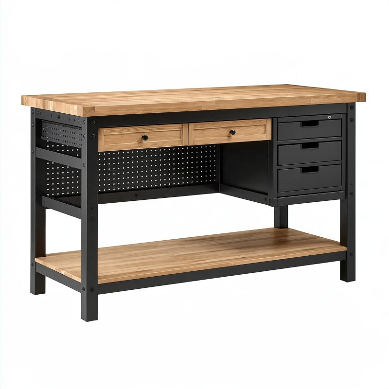 Banco da lavoro 120x60x90 cm in legno e metallo nero con cassetti stile industriale