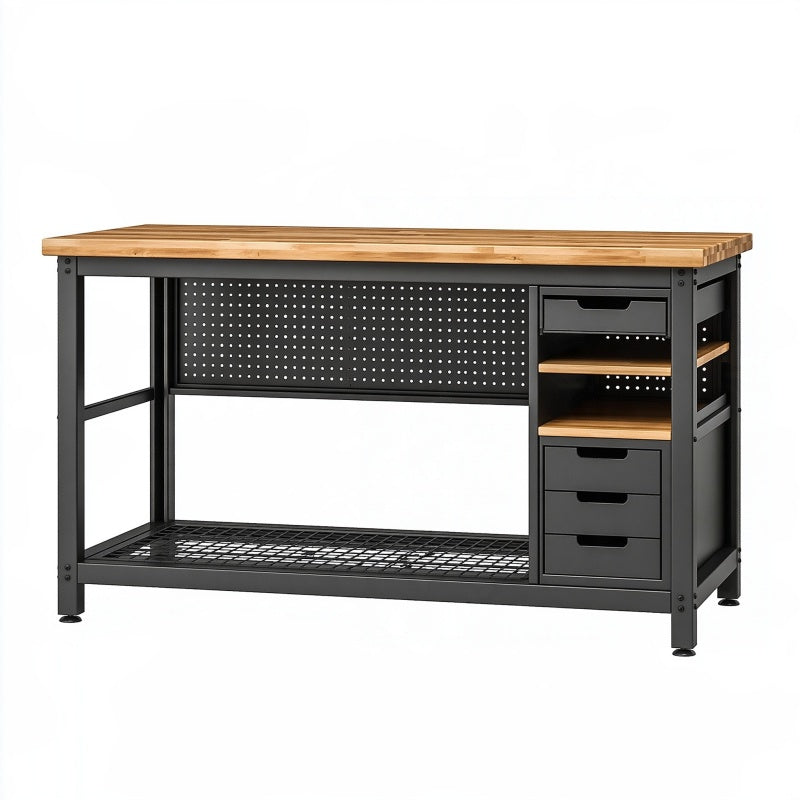 Banco da lavoro 120x60x90 cm in metallo nero e legno con cassetti e pannello portautensili