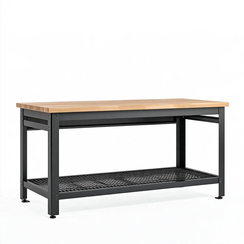 Banco da lavoro 120 x 60 x 90 cm in legno e acciaio nero con ripiano inferiore