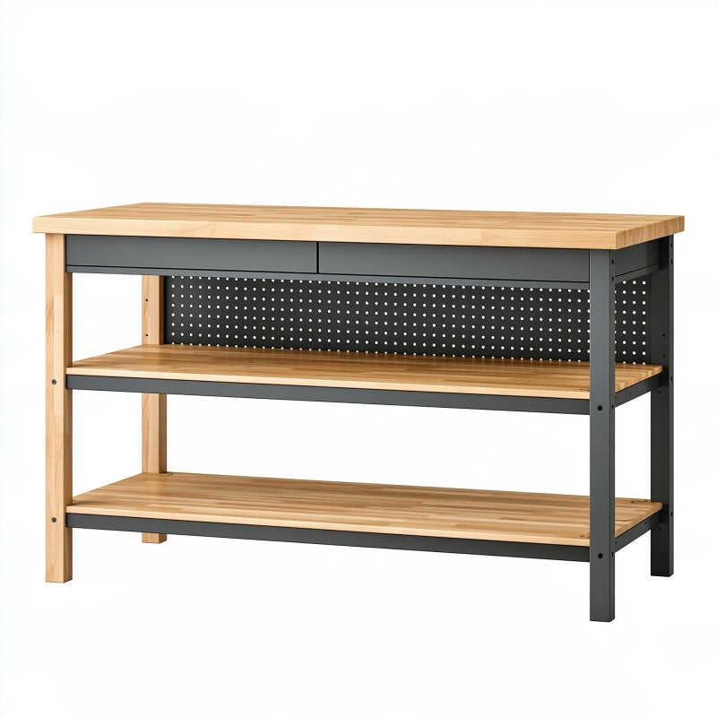 Banco da lavoro 120 x 60 x 90 cm in legno e acciaio nero con 2 cassetti e ripiani stile industriale