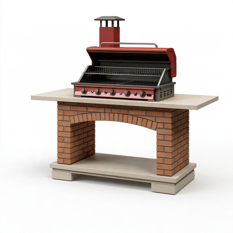 Barbecue da giardino 160 x 70 x 190 cm in acciaio e laterizio rosso con cappa e camino