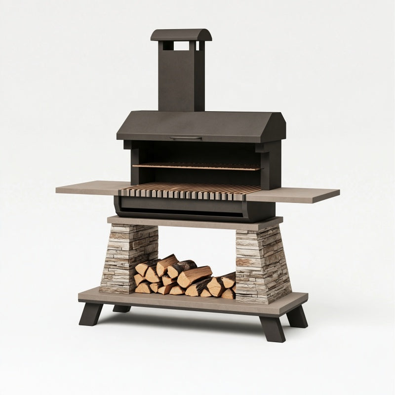 Barbecue da giardino 140 x 70 x 190 cm in metallo nero con piano laterale e griglia a legna