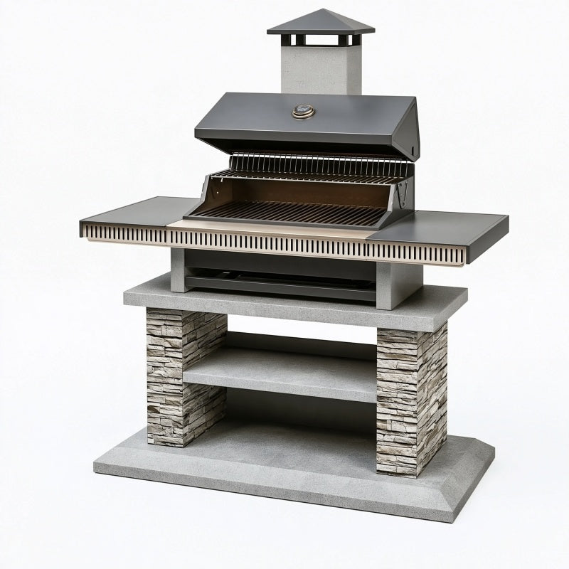 Barbecue da giardino 180 x 70 x 210 cm in acciaio e rivestimento effetto pietra grigio con cappa e termometro