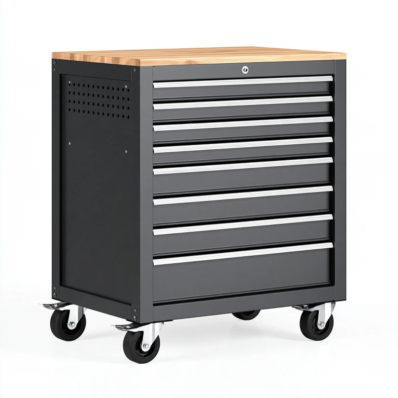 Cassettiera portautensili 77 x 46 x 91 cm in acciaio nero con piano in legno e ruote