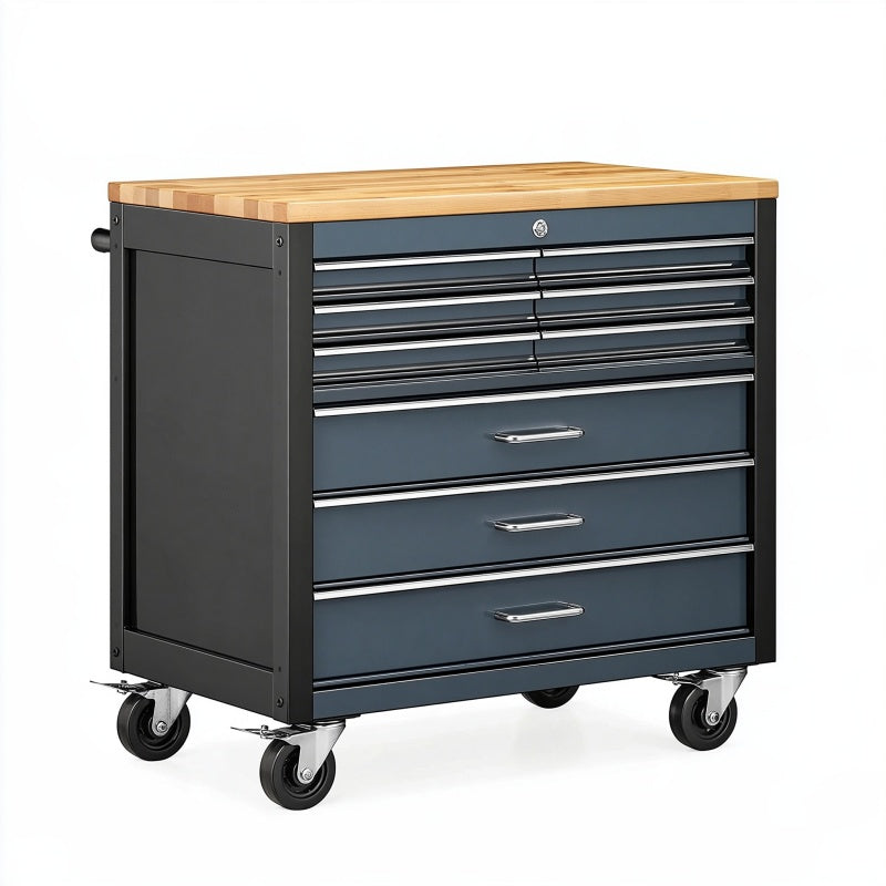Carrello portautensili 77 x 46 x 95 cm in acciaio nero e blu con piano in legno - 7 cassetti su ruote