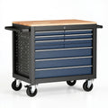 Carrello portautensili 113x46x97 cm in acciaio nero e blu con piano in legno e cassetti