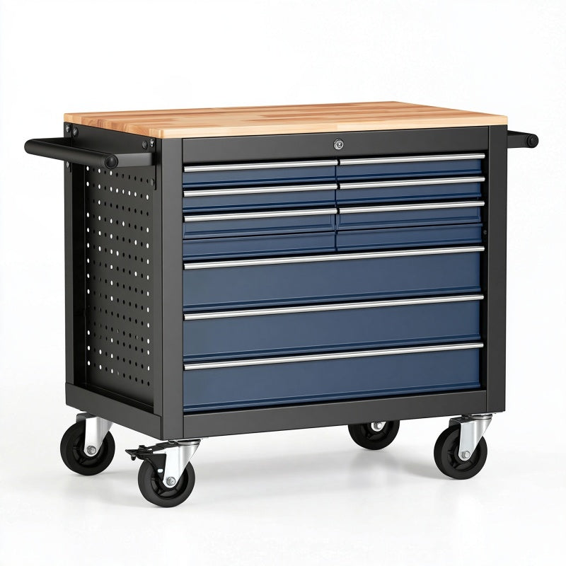 Carrello portautensili 113x46x97 cm in acciaio nero e blu con piano in legno e cassetti