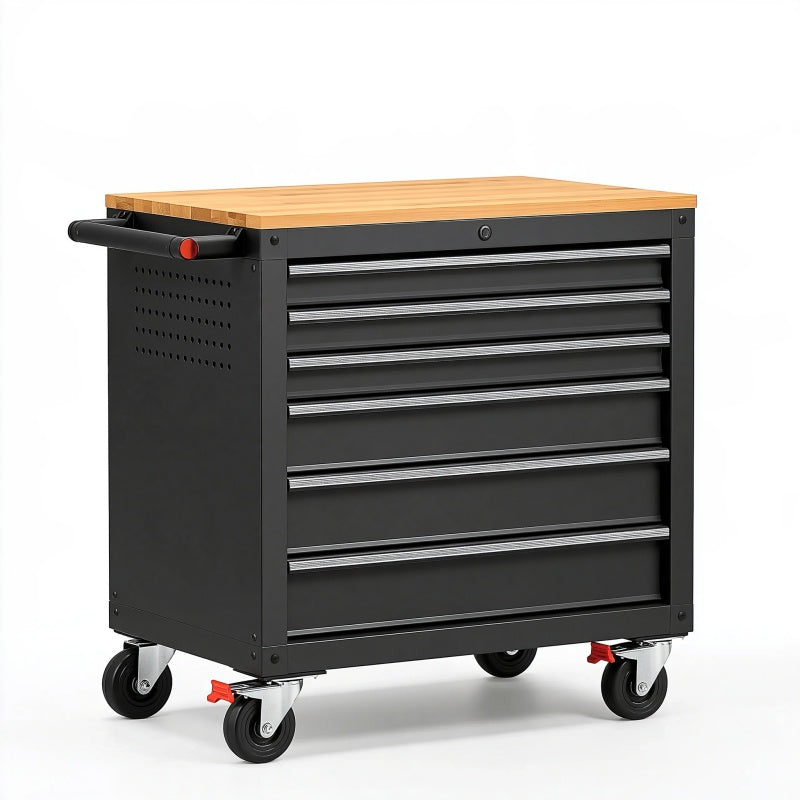 Cassettiera portautensili 100 x 50 x 95 cm in acciaio nero con piano in legno - mobile con ruote