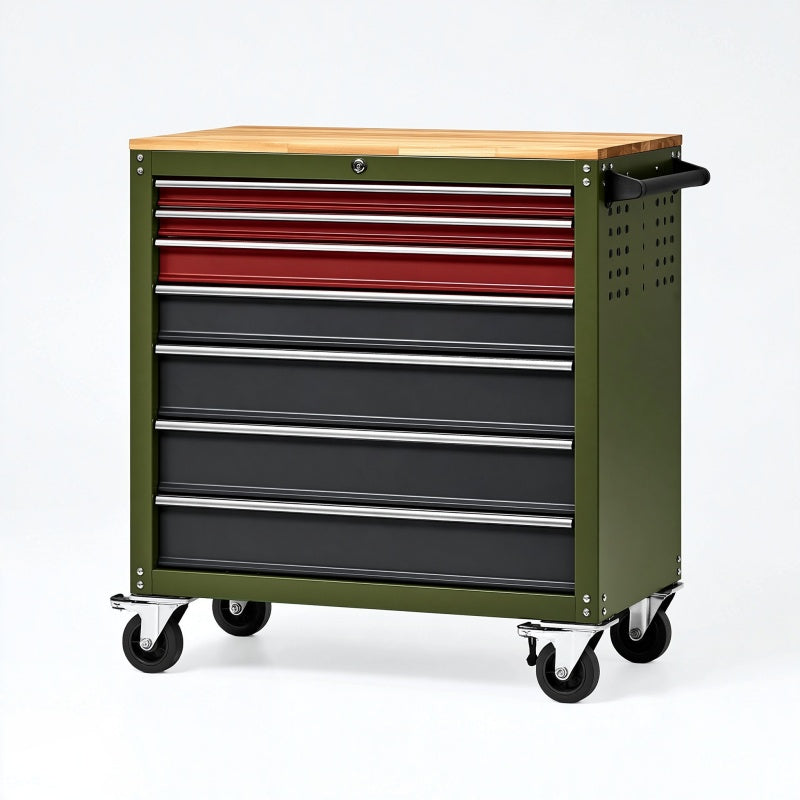 Carrello portautensili 77 x 46 x 97 cm in acciaio verde con piano in legno e 7 cassetti