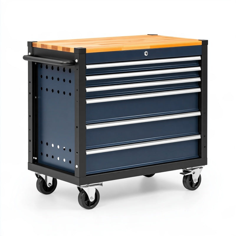 Cassettiera portautensili 77 x 46 x 96 cm in acciaio blu con piano in legno e ruote