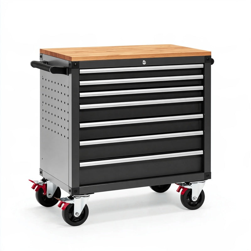 Cassettiera portautensili 77 x 46 x 97 cm in metallo nero con piano in legno e ruote