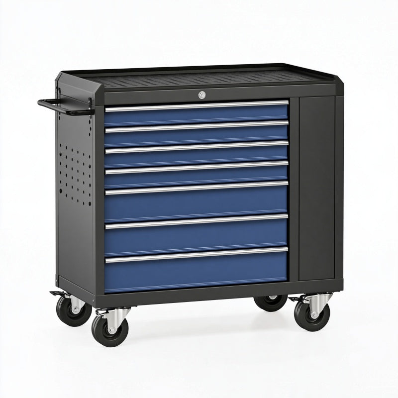 Carrello portautensili 90 x 46 x 95 cm in acciaio nero/blu con 7 cassetti e ruote