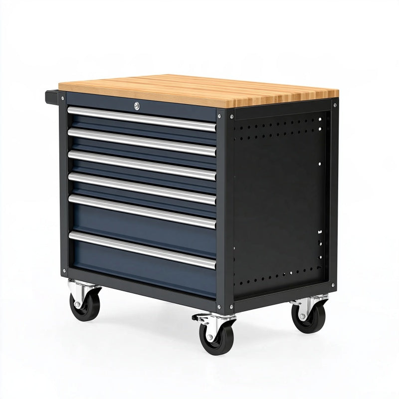 Carrello portautensili 77 x 46 x 96 cm in metallo nero e blu con piano in legno stile industriale