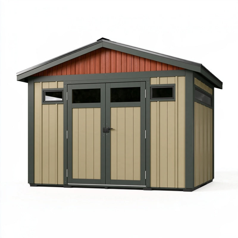 Casetta da giardino 200 x 200 x 220 cm in resina beige antracite e rosso mattone - deposito da esterno con doppia porta