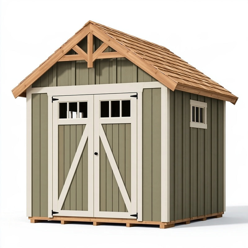 Casetta da giardino 180 x 120 x 210 cm in legno verde salvia con doppia porta e finestre