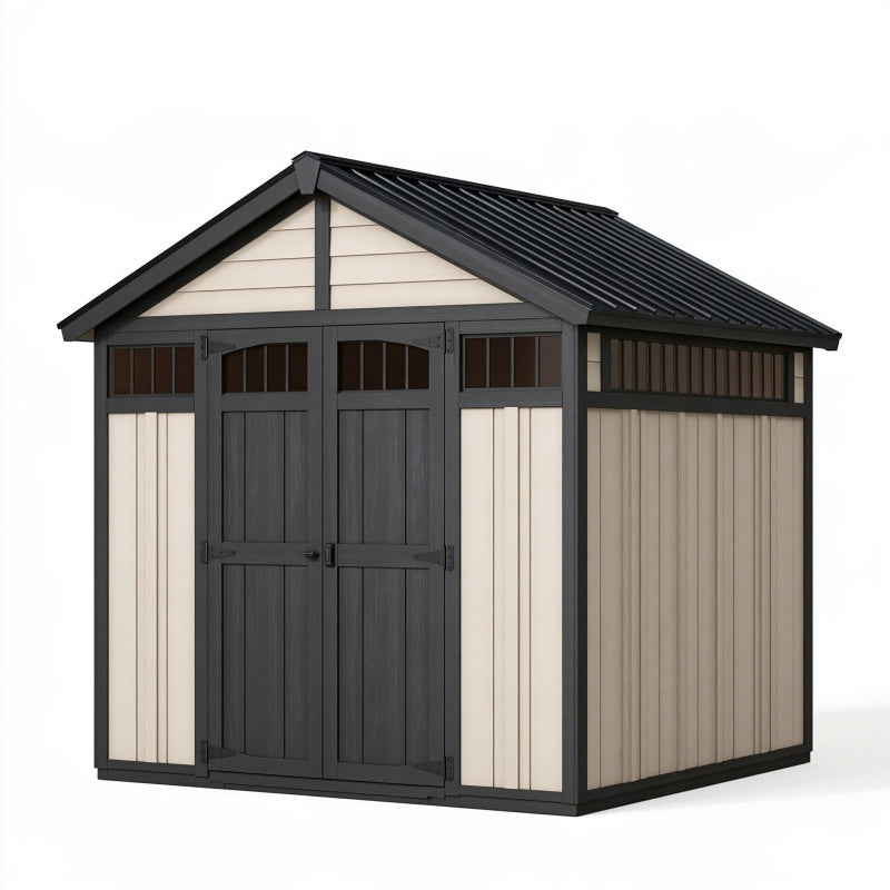 Casetta da giardino 180 x 120 x 210 cm in resina beige e antracite con doppia porta